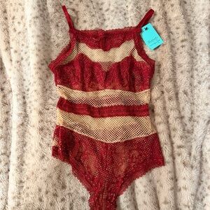 Red and tanLace Bodysuit